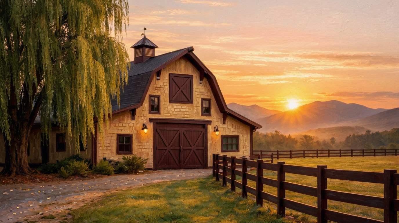 Sunrise at the stud: a tan barn with dark doors beside a weeping willow, a post-and-rail fence running along the pasture, and the sun bursting between misty ridges.